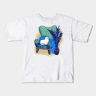 Armchair with cute white cat and white bird Kids T-Shirt